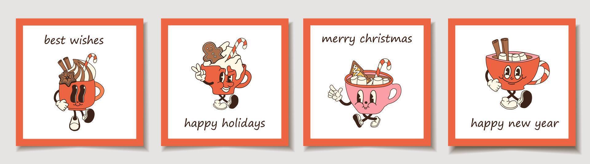 Set of Holiday cards with retro cartoon cup of hot chocolate with marshmallows and a candy cane. Greeting cards. vector