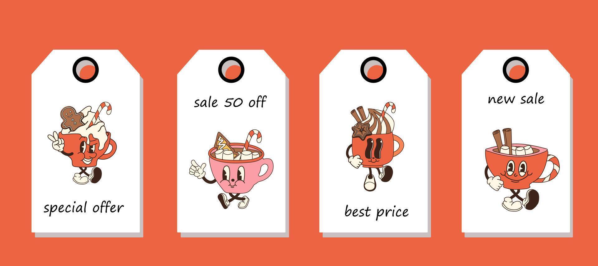 Set of discount price tags. Labels with retro cartoon cup of hot chocolate with marshmallows and a candy cane. Template for shopping tags. Christmas sale. vector