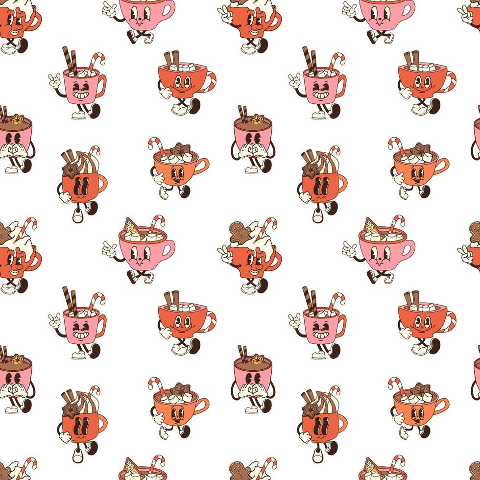 Seamless pattern with retro cartoon cups of hot chocolate with marshmallows and candy canes, designed as Christmas mascot characters vector