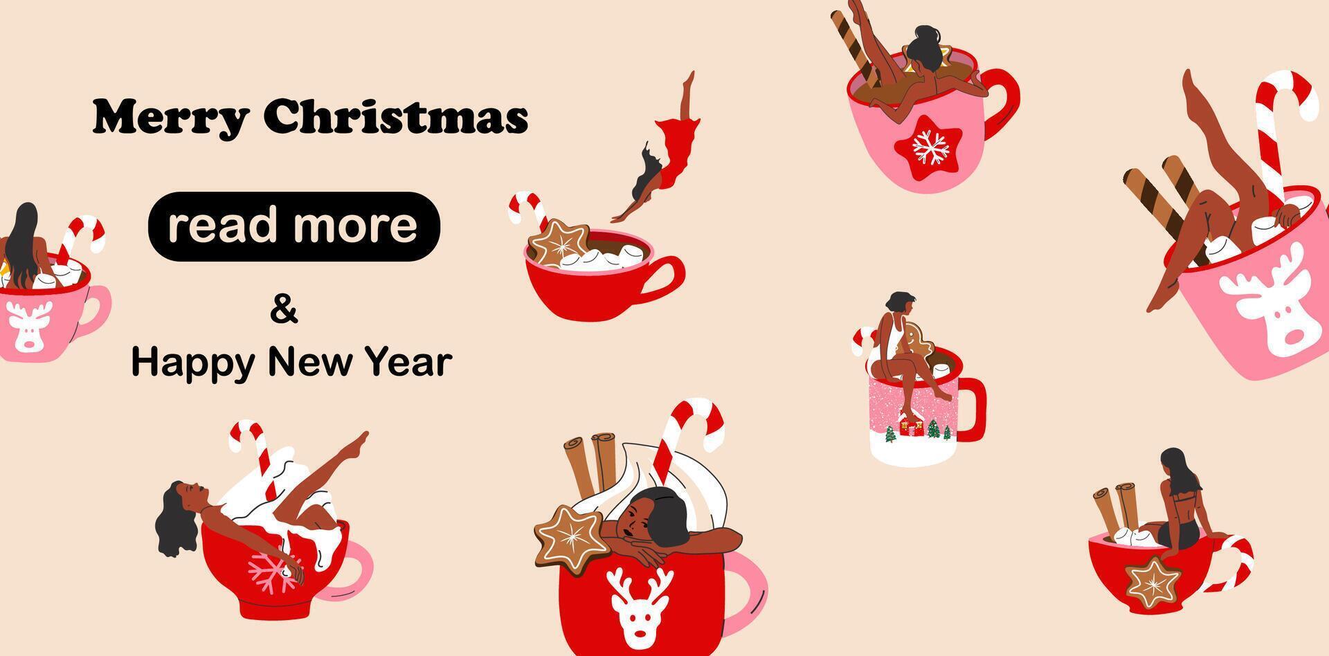 Web page design template. Women is bathing in a cute holiday mug with a flat cartoon style, featuring a Christmas hot drink. Happy new years vector