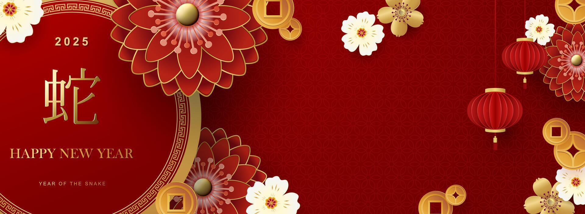 Happy Chinese New Year 2025, Snake zodiac sign with flower, lantern, pattern, clouds, Asian elements in red, gold paper in cutout style on color background. Translation Happy New Year of the Snake vector