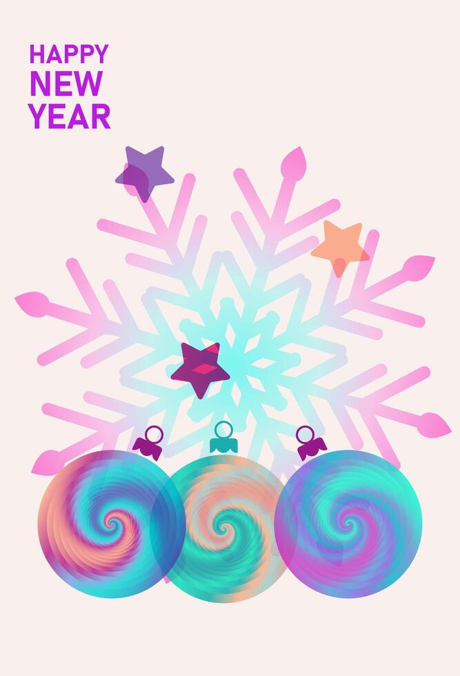 Colorful card, flyer, poster for New Year 2025. Christmas greetings. Modern minimalist style. Gradient colors. Snowflake,star, ball. vector