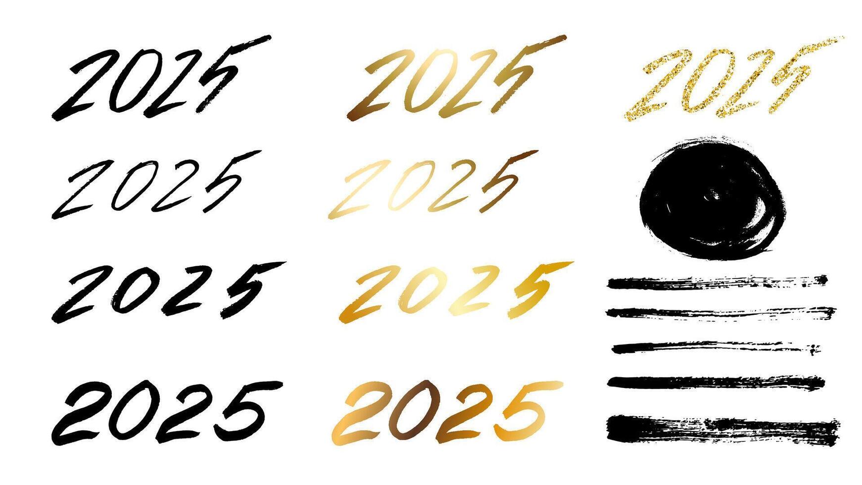A set of numbers 2025 written in ink, decorated with a golden gradient. Decorative elements for cards, posters, flyers vector