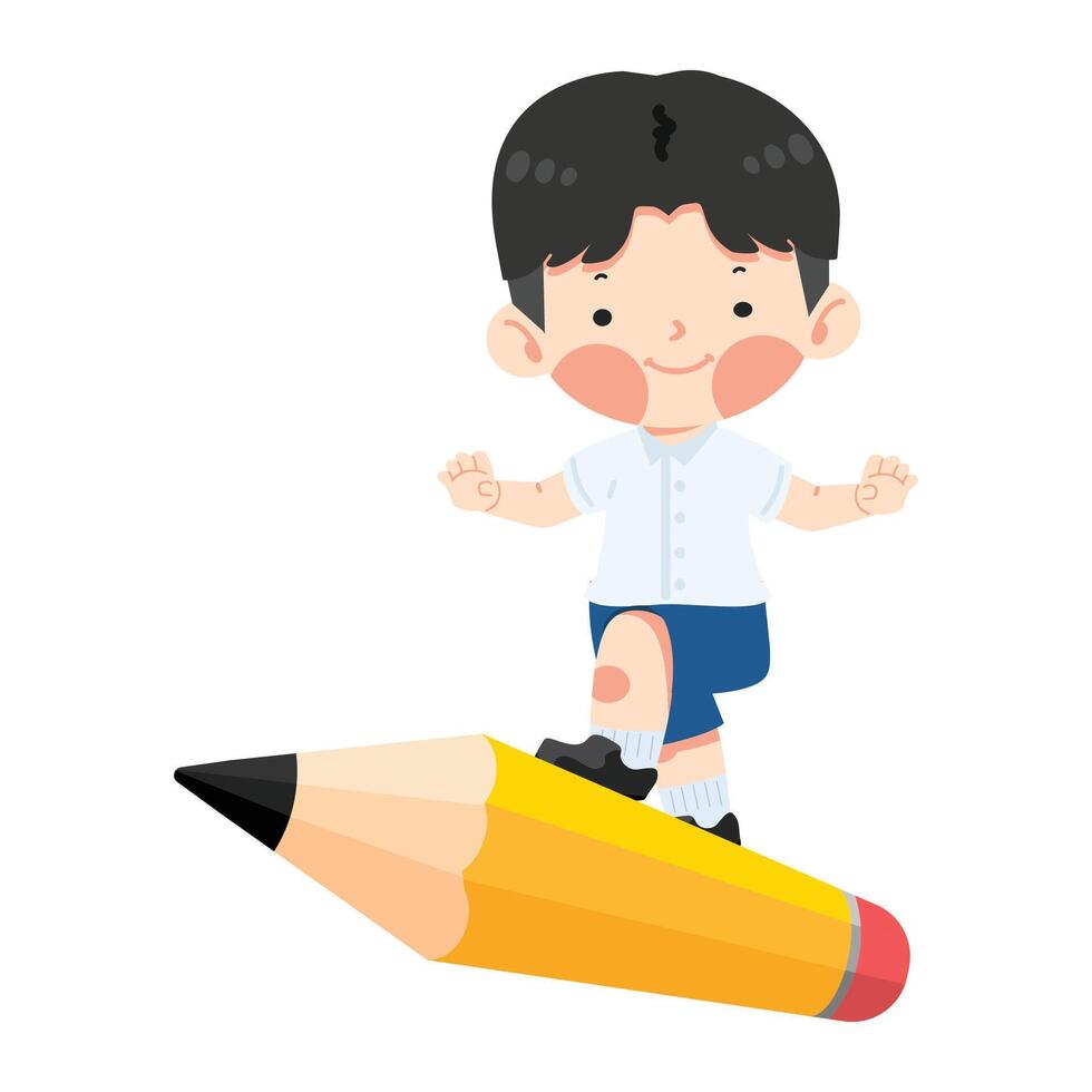 Kid student boy jumping on pencil vector