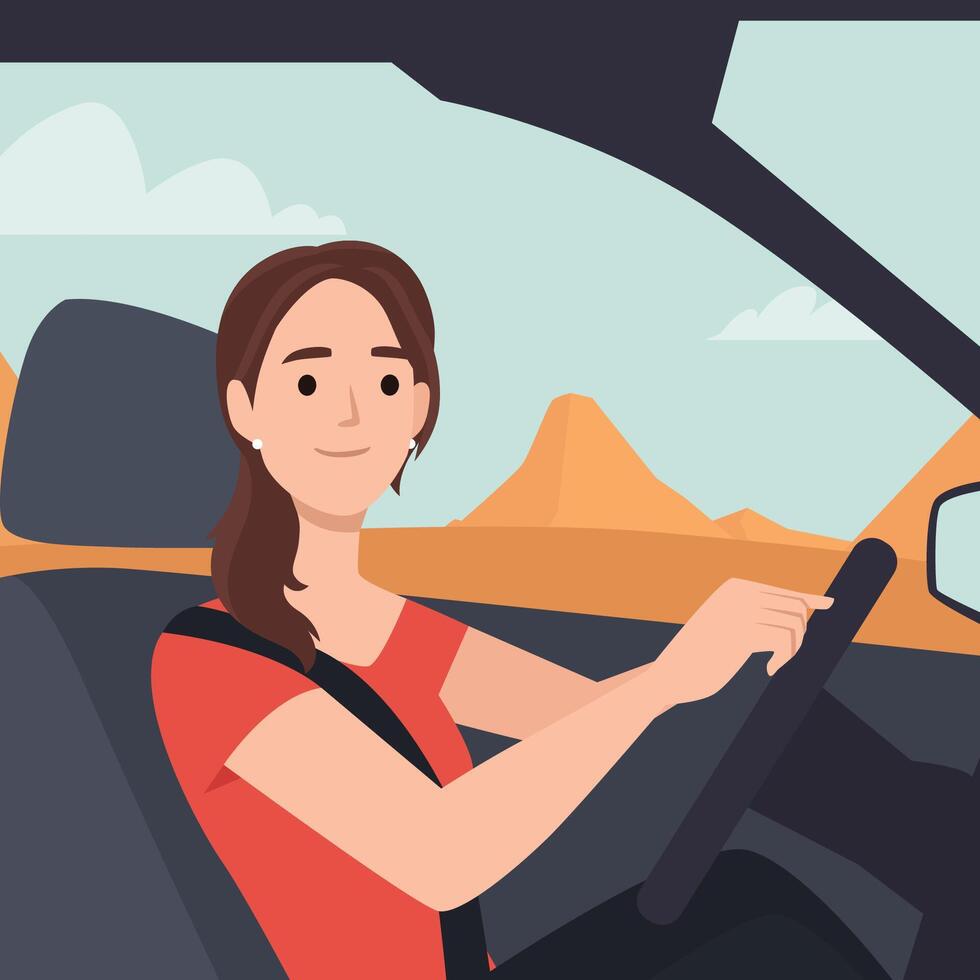 Attractive young woman driver in new car. vector