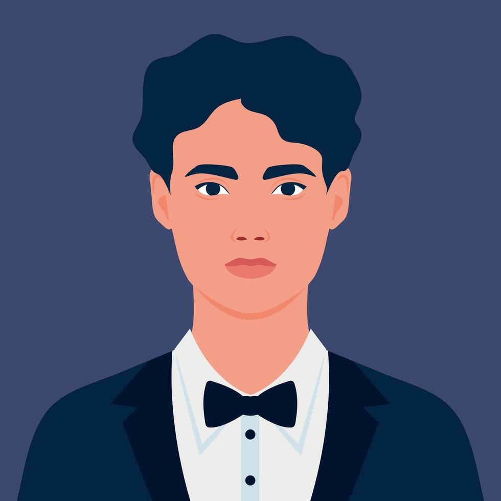 Portrait of a young man in tuxedo and bow tie. Avatar for social media vector