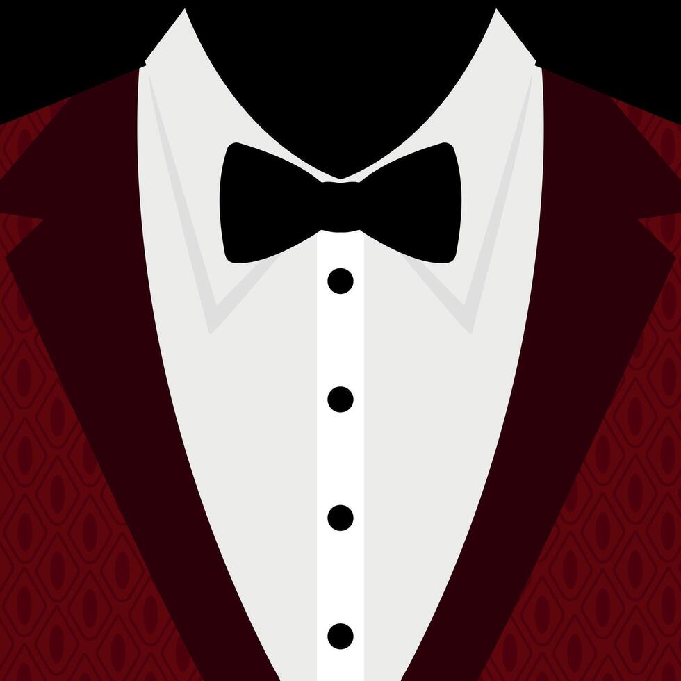 Red tuxedo suit with tied bow. Red tuxedo with geometric pattern and black bow tie vector
