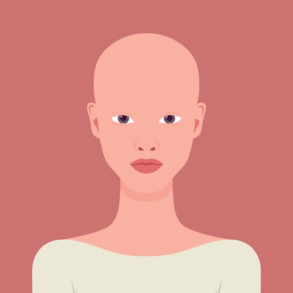Young beautiful bald woman portrait. Beautiful bald girl avatar. Female with alopecia vector