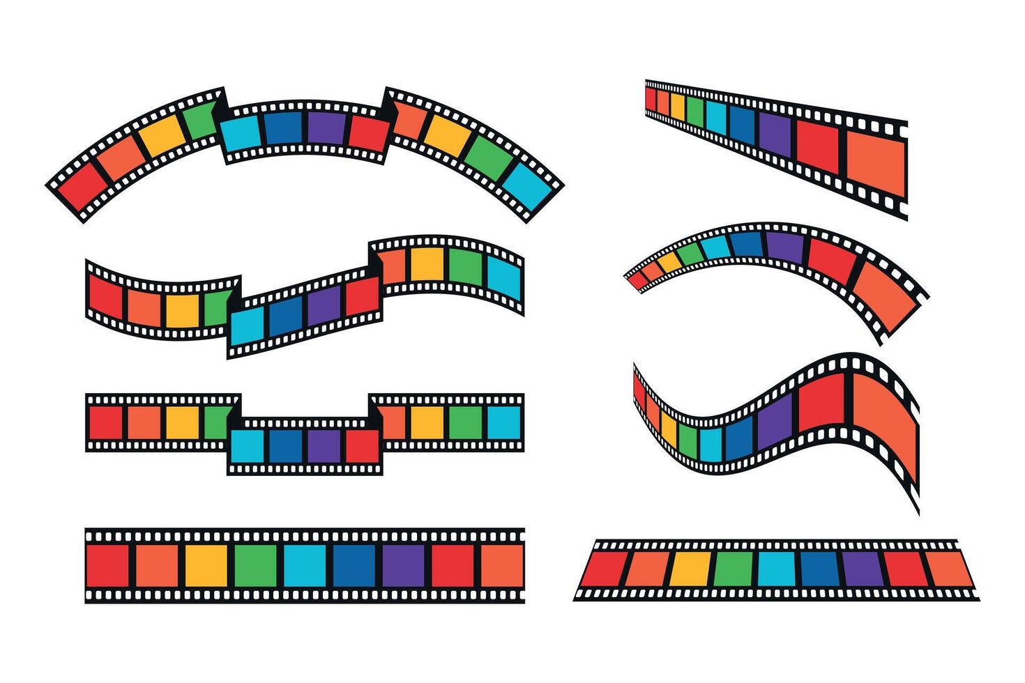 Set of different shaped rainbow colored film strips. Film ribbon of various shapes vector