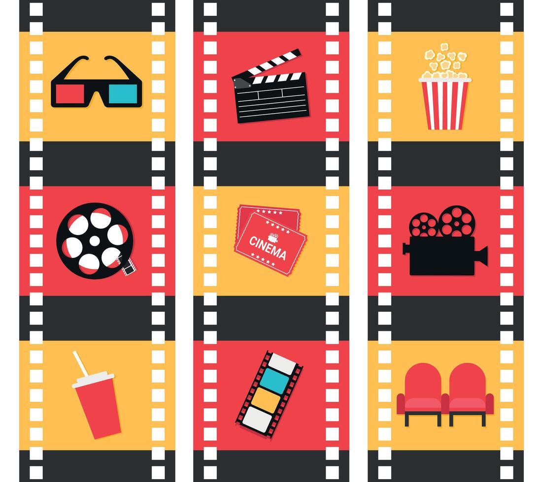 cinema movie icons on filmstrips background. 3D glasses, clapperboard, popcorn, camera, film reel, cinema tickets, soda, chairs vector