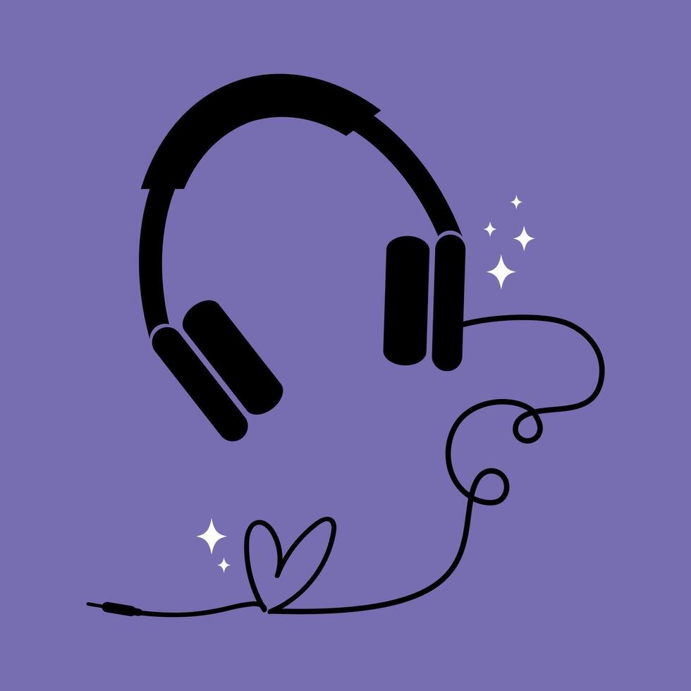 Headphones silhouette with heart shaped cord on purple background vector