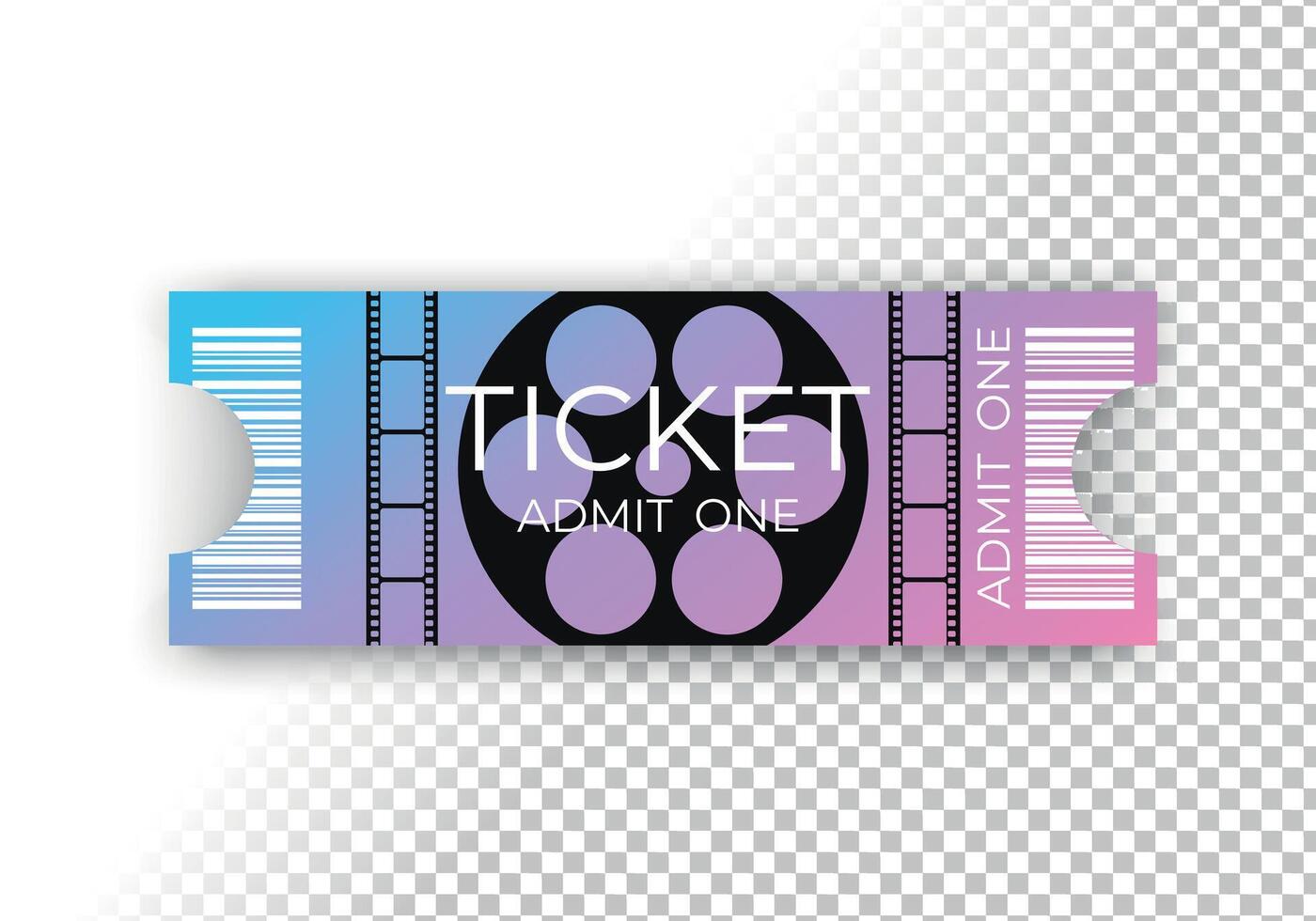 Modern movie or cinema ticket design decorated with film reel and filmstrip. Front view with barcode. Cinema ticket template vector