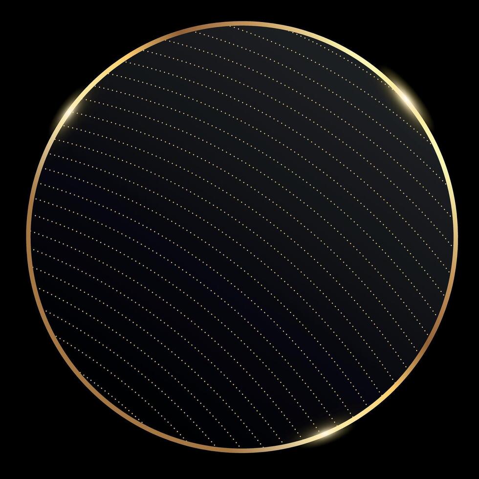 Luxury background with shiny golden frame circle. Sparkling olden round border on black background vector
