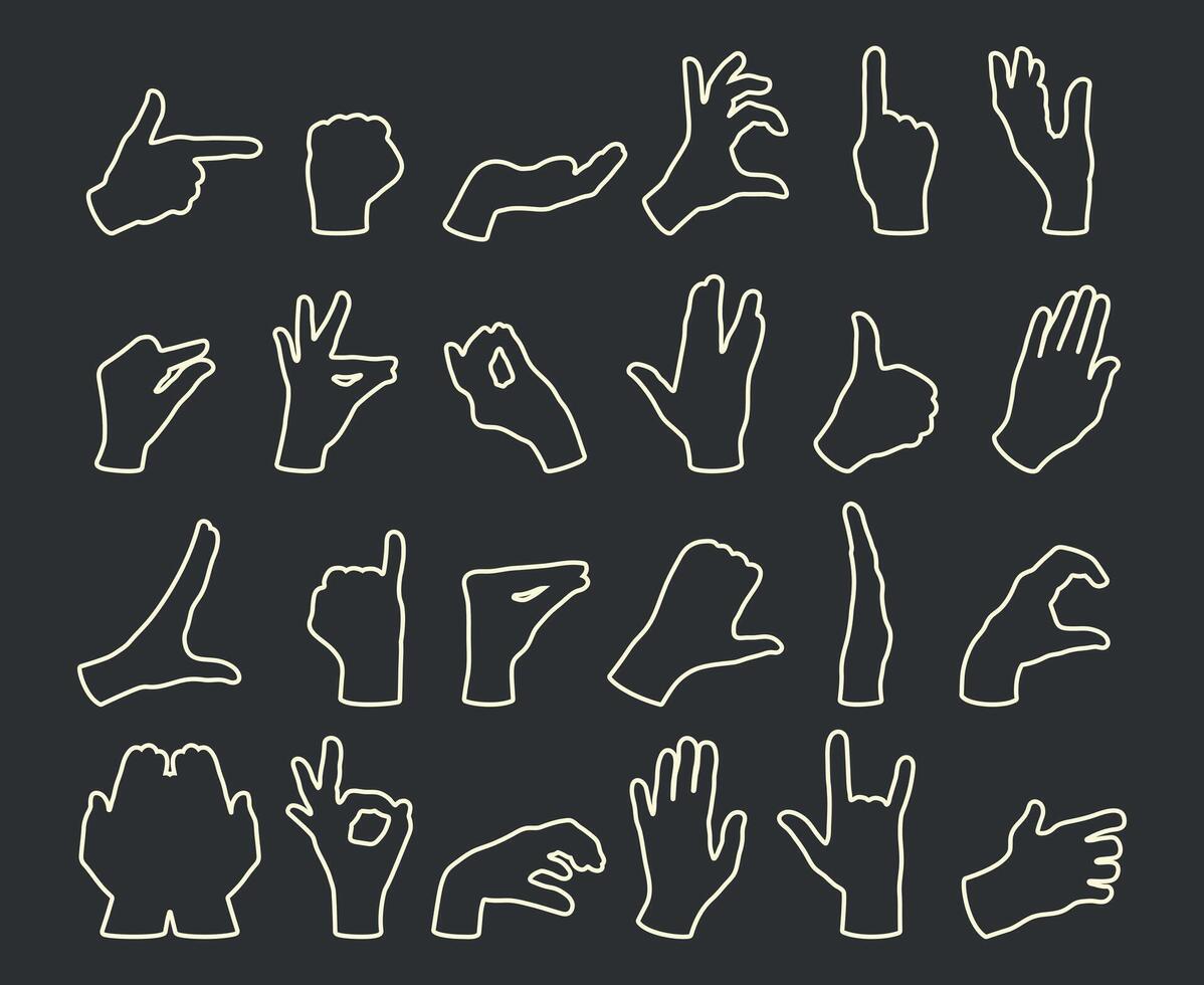 Hand gesture outline set. Gesturing like okay sign, thumb up, pointing finger, making heart vector