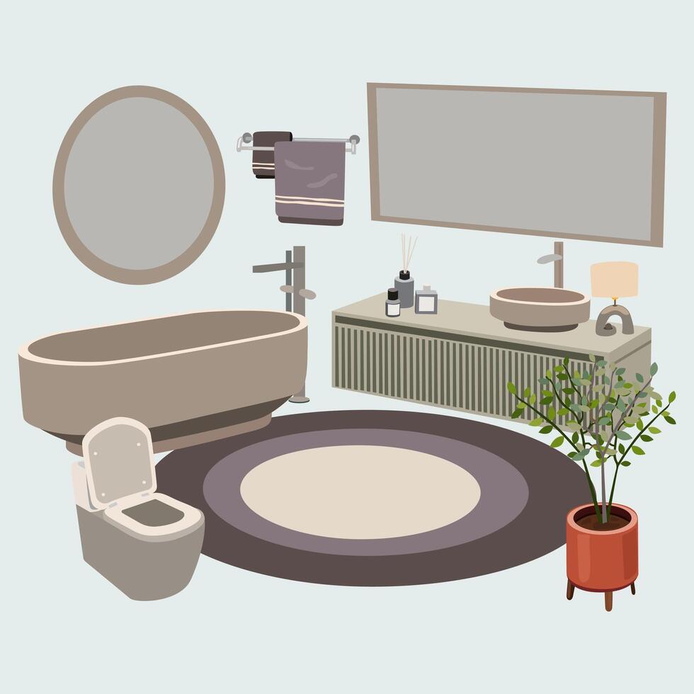 Bathroom furniture set for modern home interior design. Bathroom flat elements, toilet, bathtub, sink and other bathroom cosmetic items. illustration in flat style vector