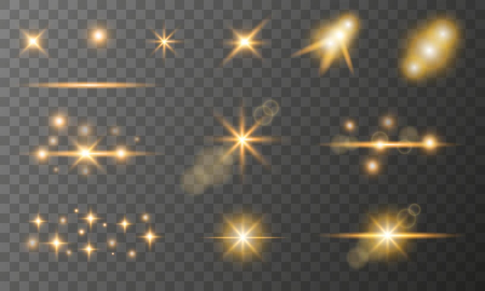 Golden light effects set. Glow star, flare collection vector