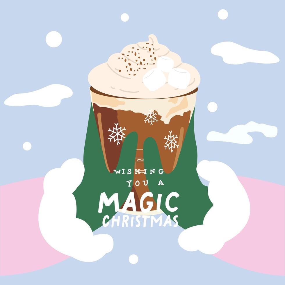 Hands in mittens hold a cup with a hot drink, coffee and cacao with marshmallows. Cozy winter concept. Warm coffee for cold weather vector