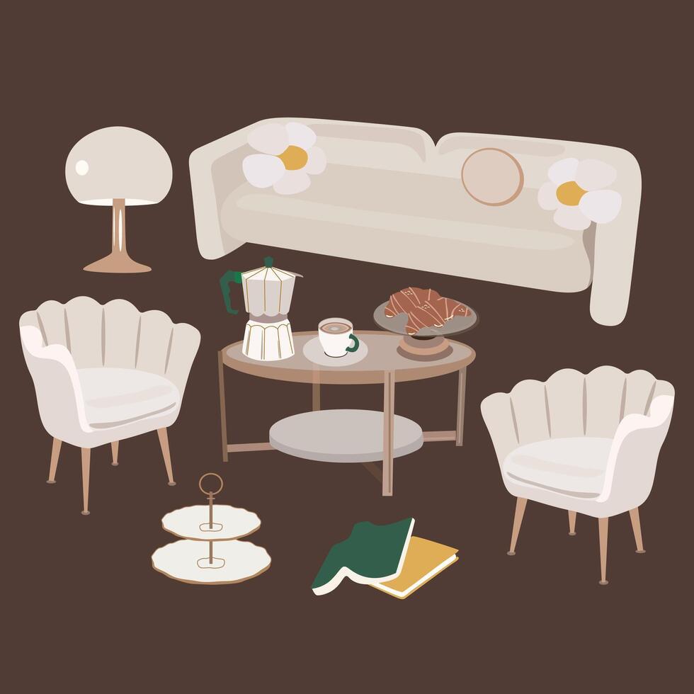Living room furniture set for modern home interior design. Home cozy furniture. A living room with a big sofa, a soft modern chair, a table, houseplant, a carpet and a picture vector