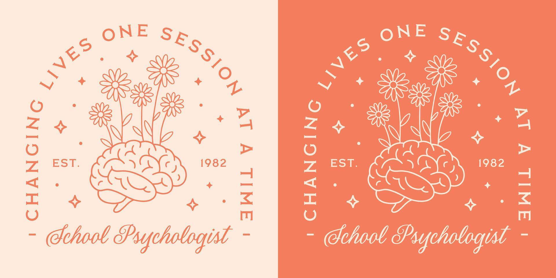 School psychologist children kids mental health professional therapy session quotes floral brain illustration retro orange aesthetic sticker women shirt design cut file vector