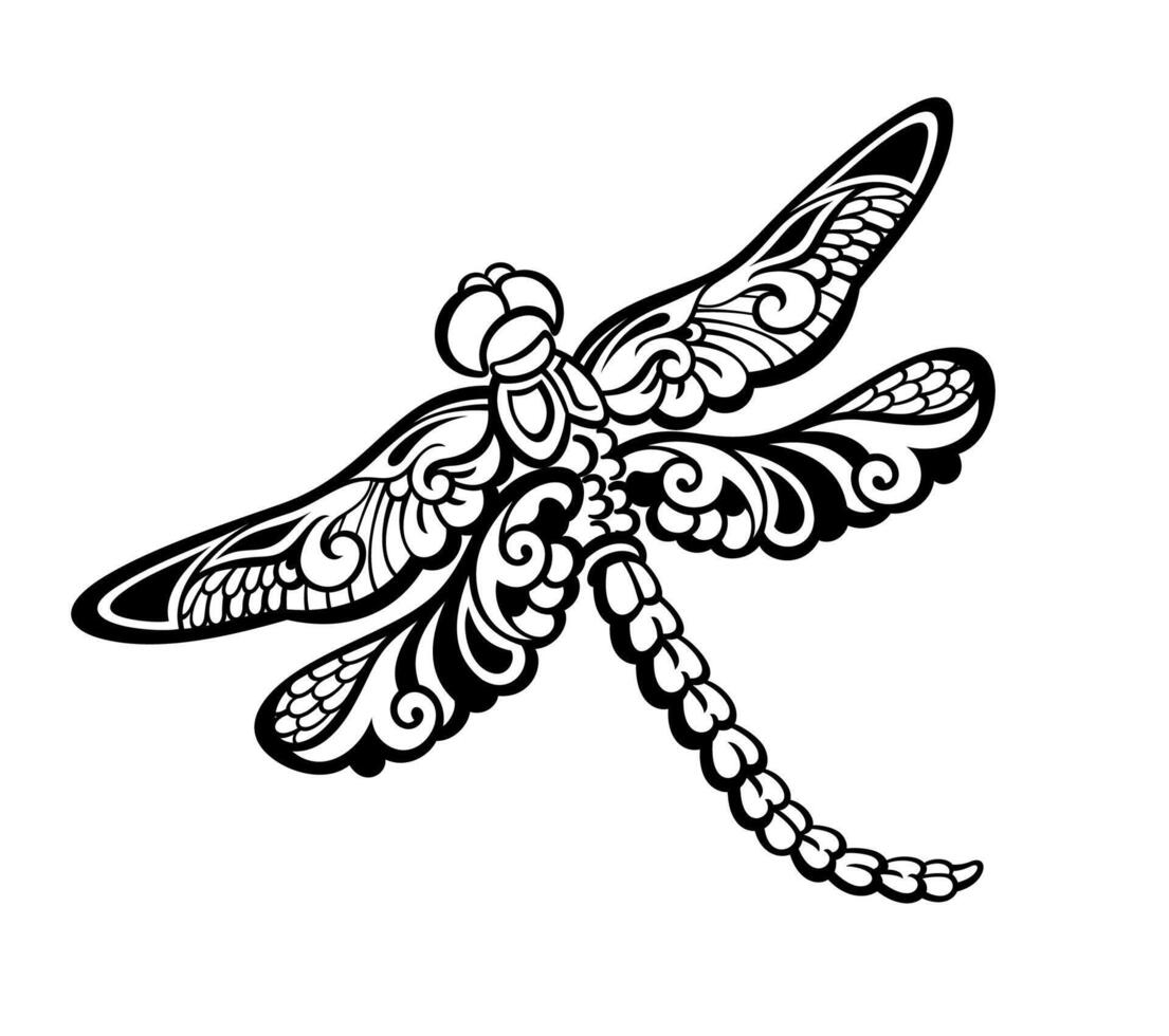 Elegant black and white Dragonfly Art insect illustration vector