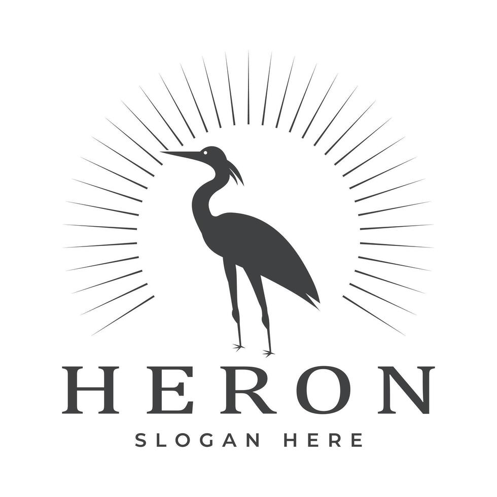 Crane Bird with Sun Rays Vintage Style. Pelican, Flamingo, Emblem Design. Template illustration vector