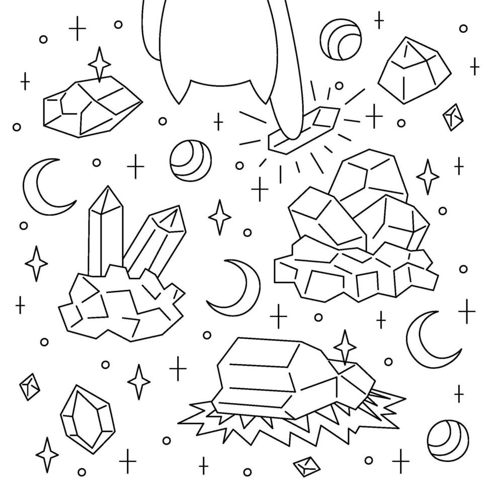Mystical set of different stones. Black and white outline illustration. vector