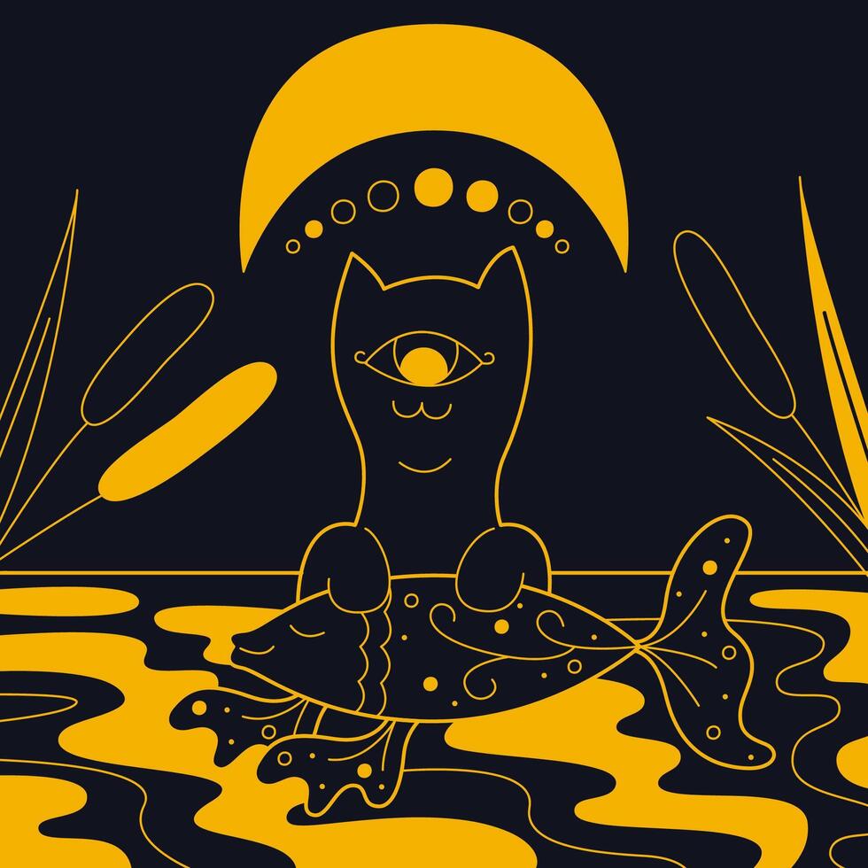 Mystical landscape with a cat and fish color. Outline illustration. vector
