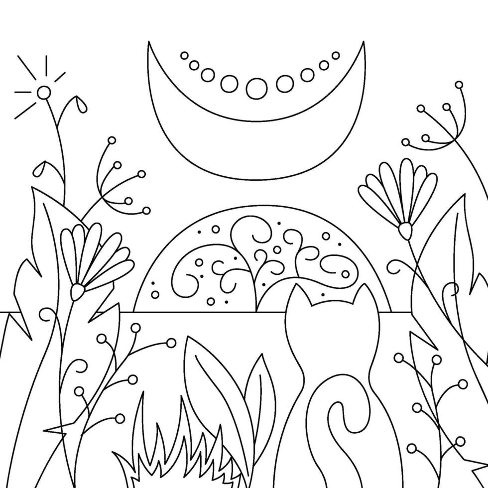 Mystical landscape with a crescent moon, flowers and a cat. Black and white outline illustration. vector