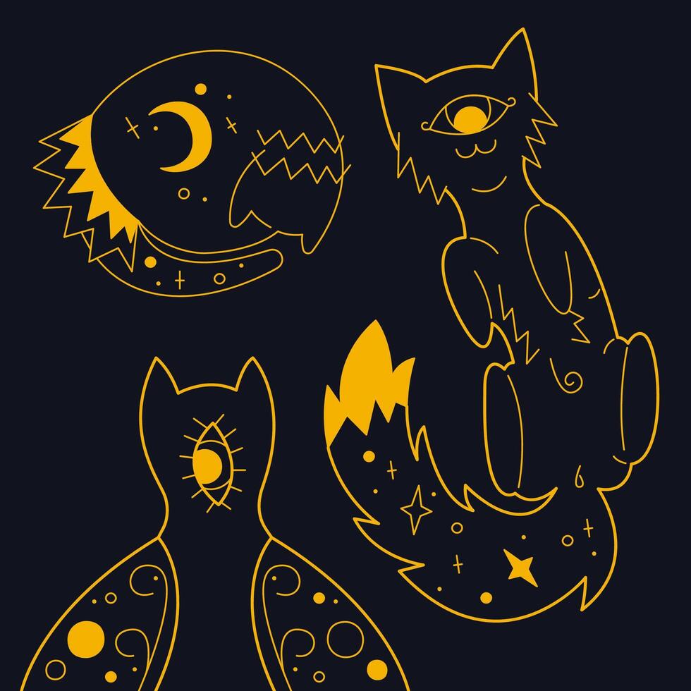 Cute mystical cats as forest animals color. Outline illustration. vector