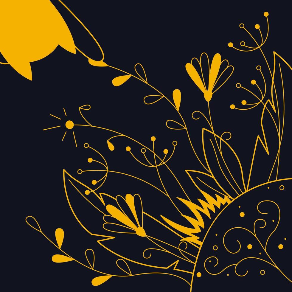Mystical composition of different flowers and a cat color. Outline illustration. vector