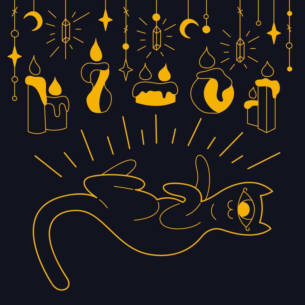 Mystical cute cat with candles color. Outline illustration. vector