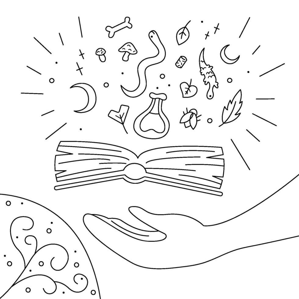 Mystical composition with a book. Black and white outline illustration. vector