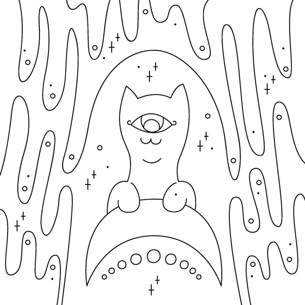 Mystical cute cat with a crescent moon. Black and white outline illustration. vector