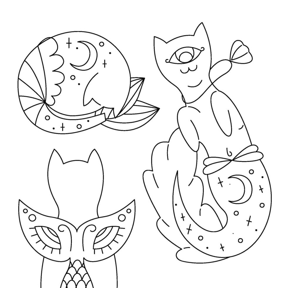 Cute mystical cats with different tails. Black and white outline illustration. vector