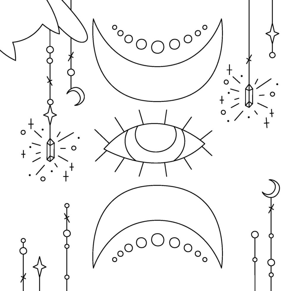 Mystical composition with the all-seeing eye and crescents. Black and white outline illustration. vector