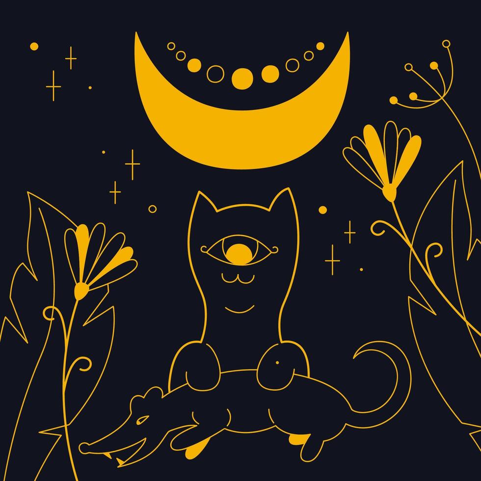 Mystical cute cat with a rat color. Outline illustration. vector