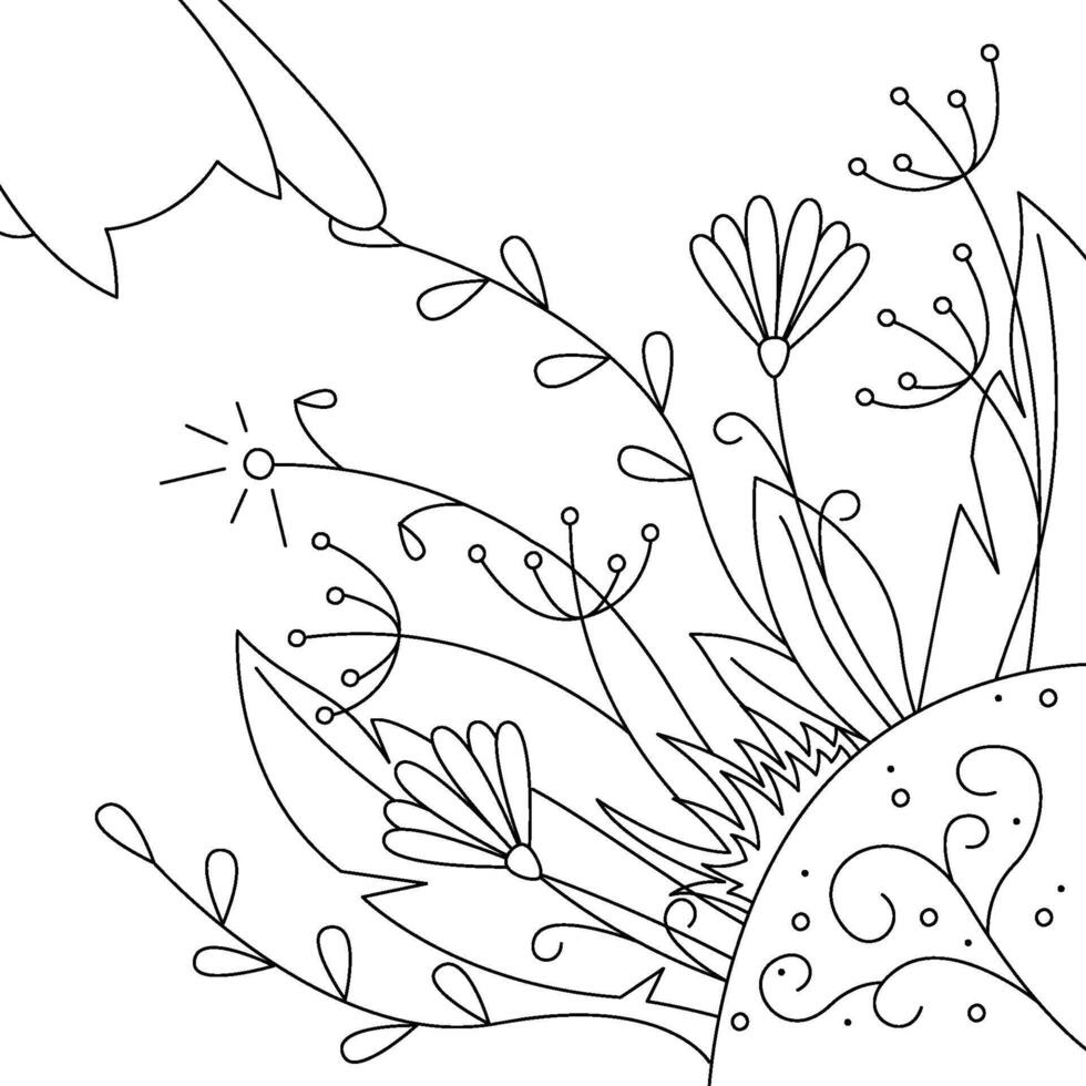 Mystical composition of different flowers and a cat. Black and white outline illustration. vector