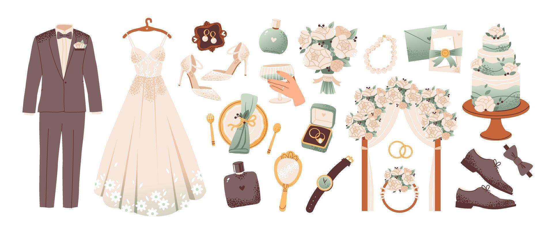 Wedding set with romantic bridal dress, jewelry, flowers, cake, and rings. Flat illustration. vector