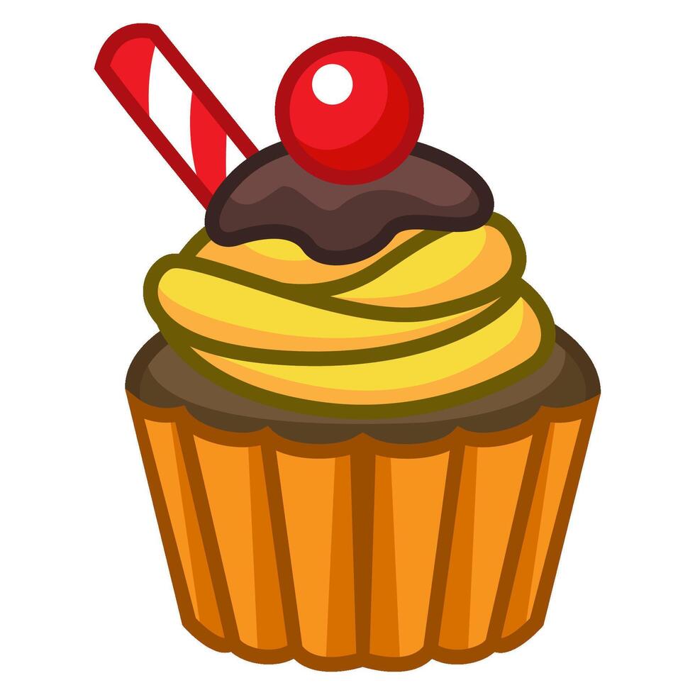 Delicious chocolate cupcake with cherry and candy vector