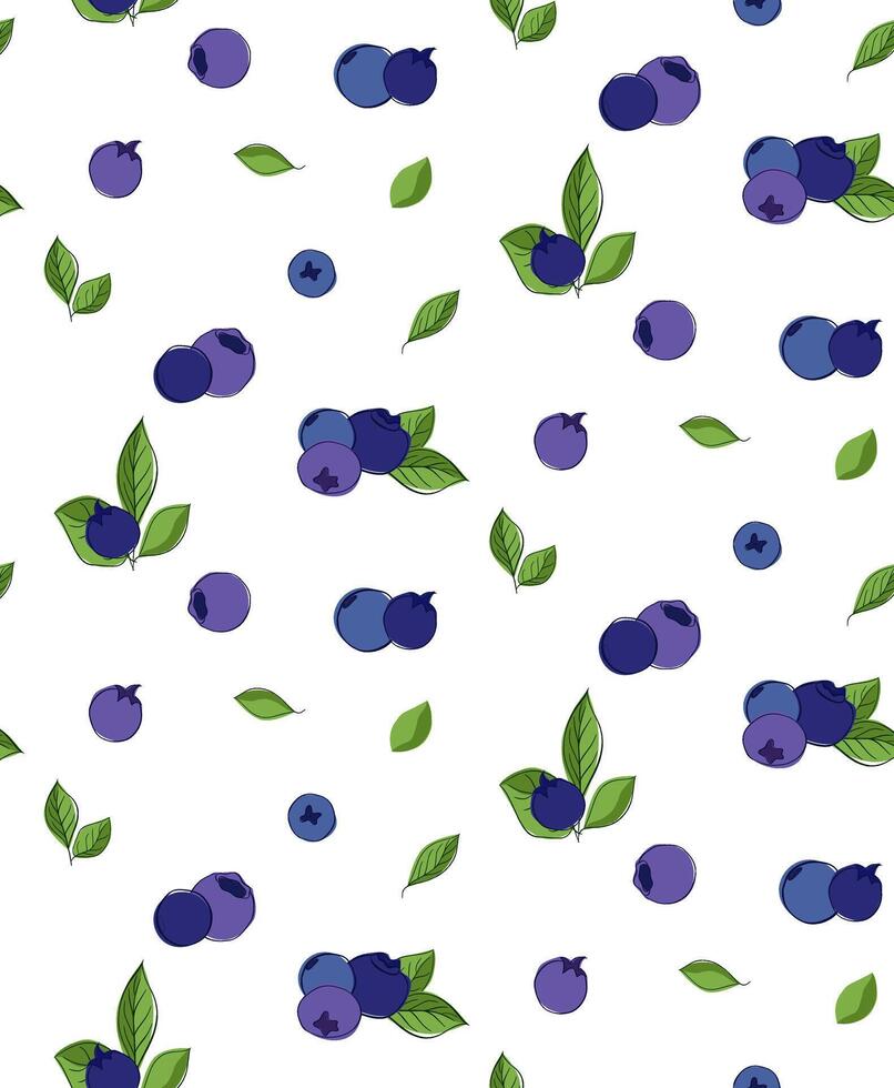 Seamless pattern of blueberries and leaves on transparent background. For fabric, wallpaper, wrapping paper, card vector