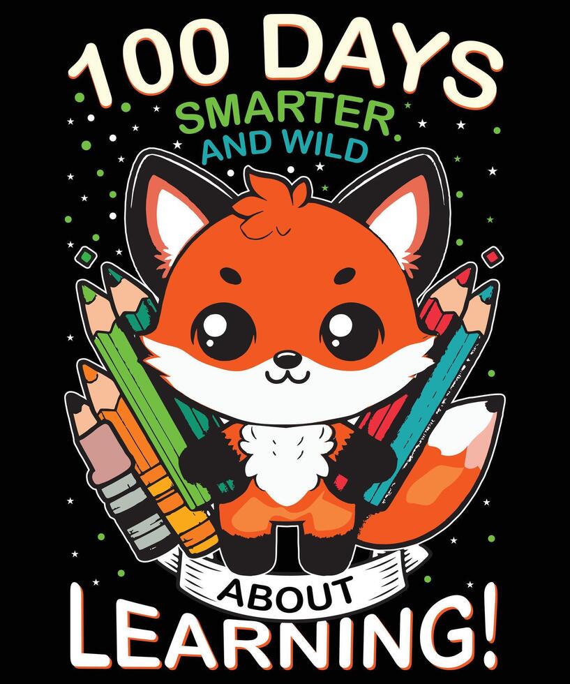 100 days school with colourful fox ,pencil illustration. vector