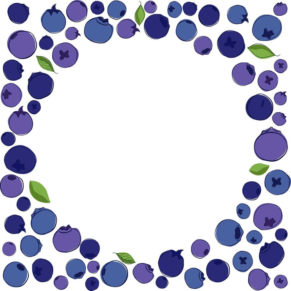 graphic line hand drawn circle frame with green leaves and blue berries. illustration template Perfect for invitations and cards. vector