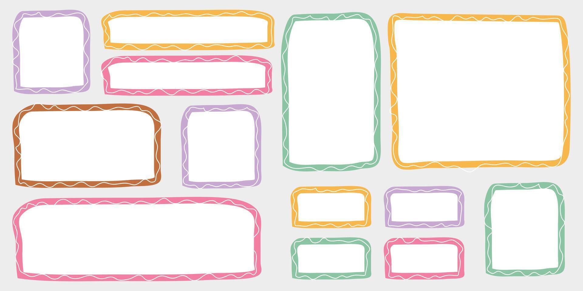 Set of colorful frames drawn with brush. Flat abstract shapes with texture. vector