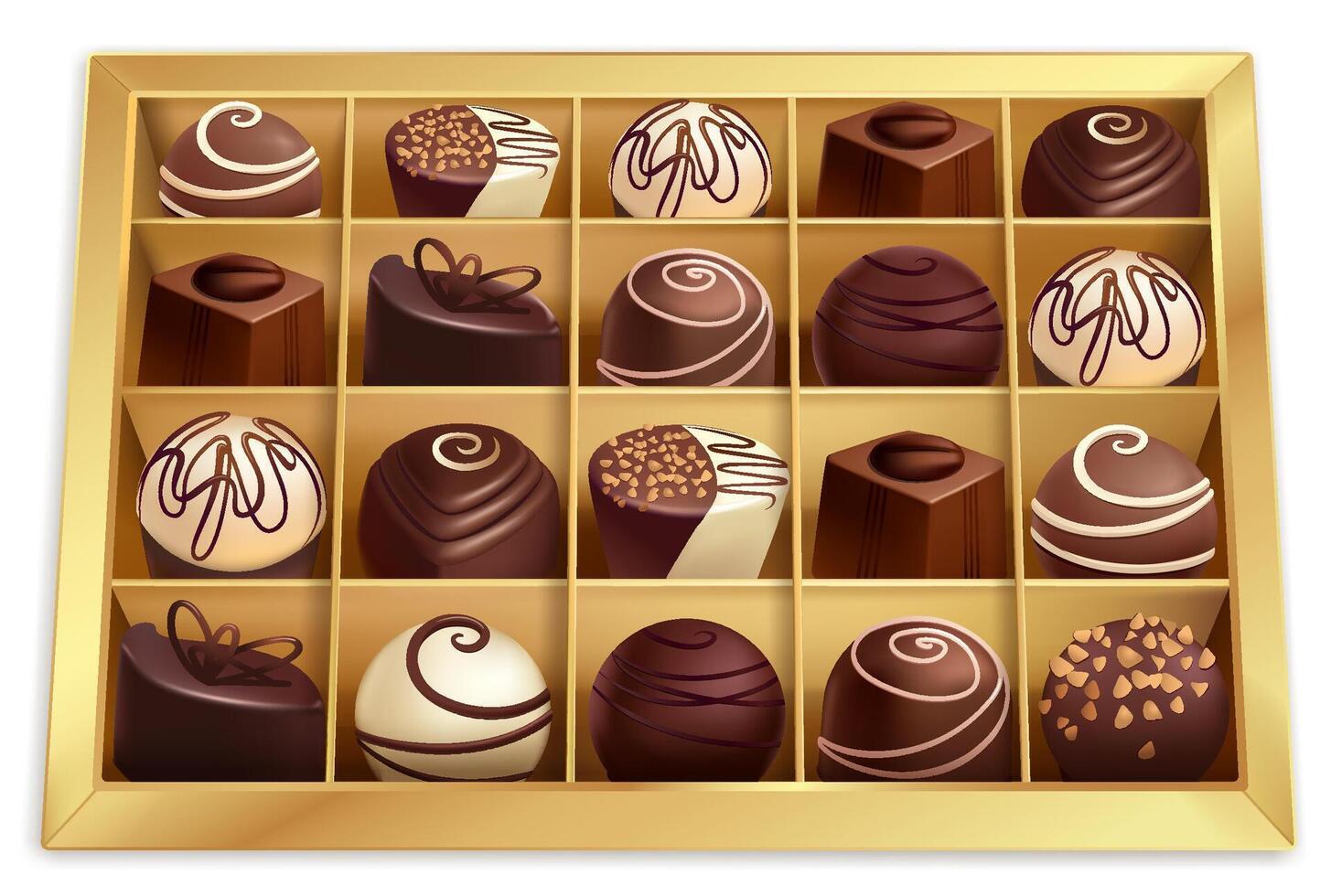 A variety of a sweet chocolates in a box. Top view vector