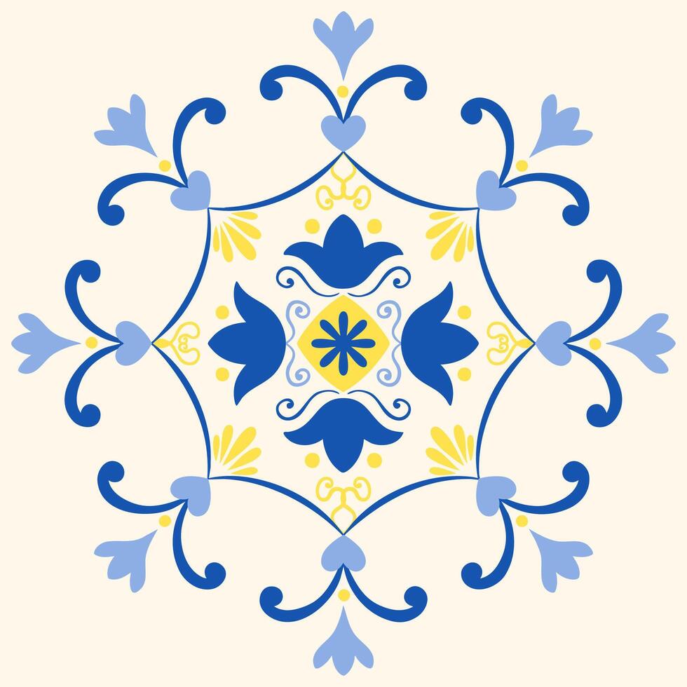 Mediterranean design tile in blue and yellow. Greek style ornament. Ceramic motif, patchwork, mosaic vector