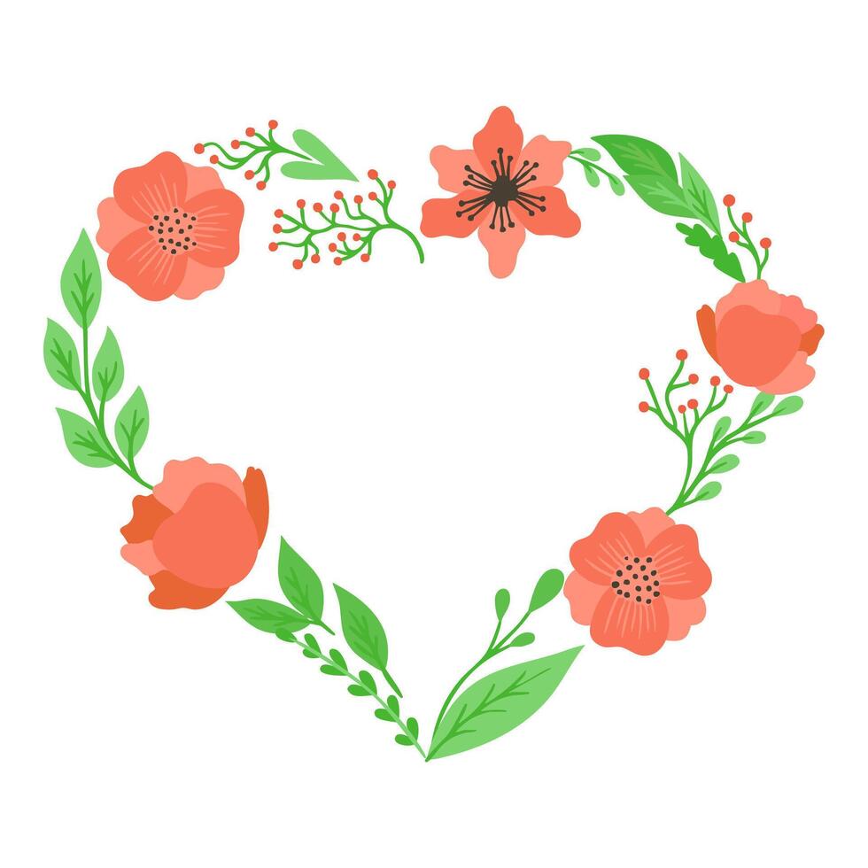 Floral heart illustration. Heart shape flowers. Heart frame. Botanical frame, wreath vector