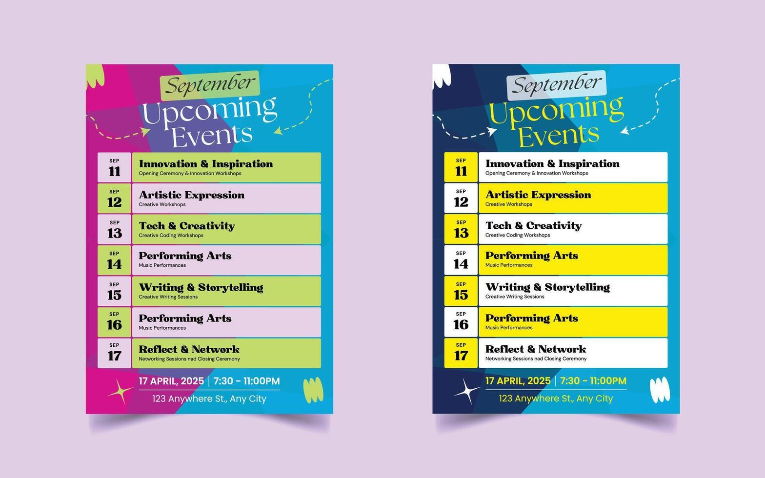 Playful Illustrative Upcoming Events Schedule Flyer Design Template vector