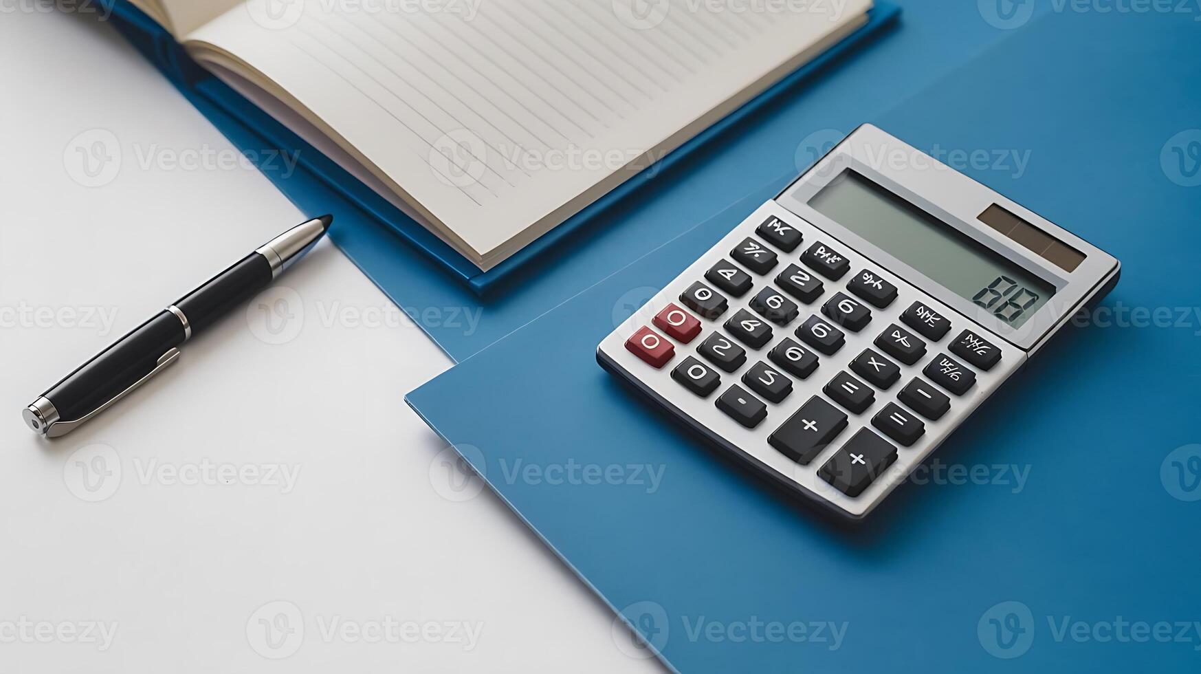 Twister blue and white background with pen, calculator and notebook for your business background photo