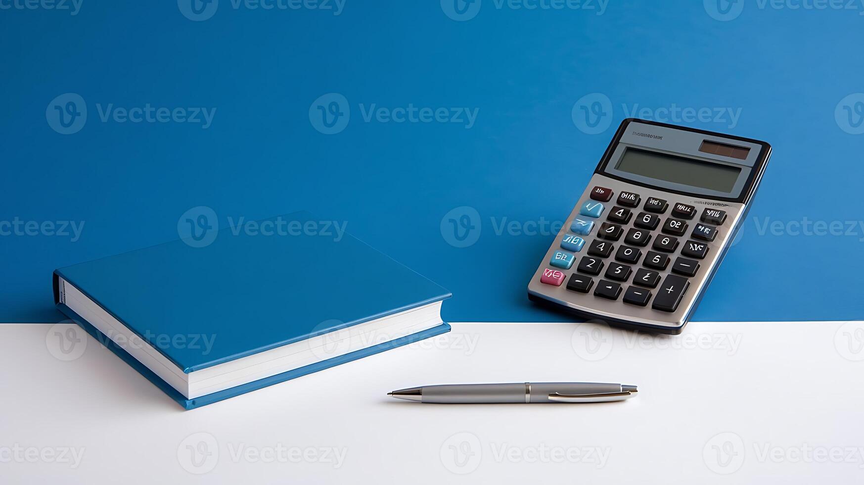 Twister blue and white background with pen, calculator and notebook for your business background photo