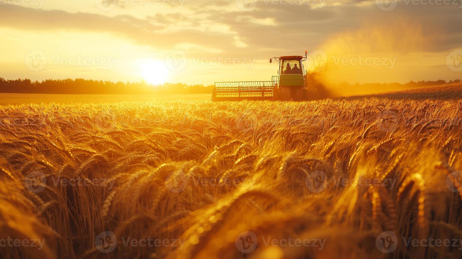 A tractor harvesting a vast golden wheat field at sunset photo